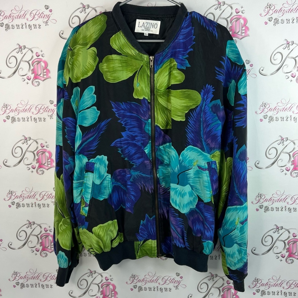 Lazino France 100% washed silk hibiscus 🌺 flower Black green Blue Floral Jacket